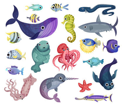 Underwater World with Floating Sea Animals Big Vector Set