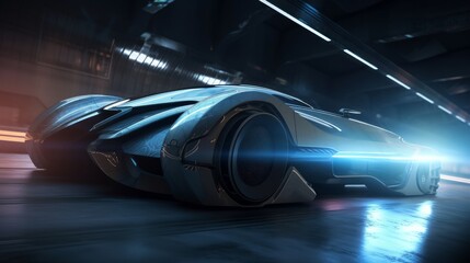 Conceptual design of a high-speed electric bullet car in a futuristic environment featuring harmonious overlays, blending 3D digital illustration and matte painting. Created by AI.