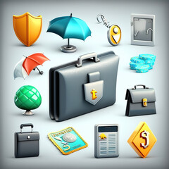 3d_business_icon_set._Calculator_safe_wallet_with_money