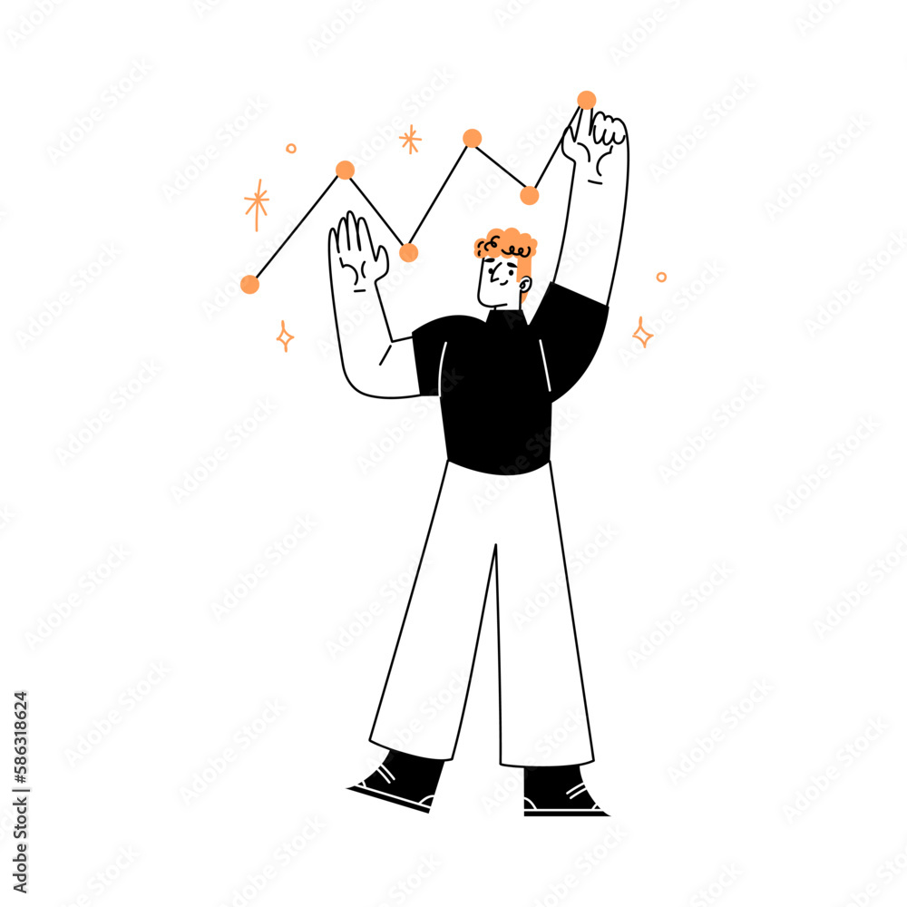 Poster marketing with man character with growing graph vector illustration.