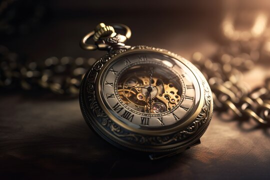  a close up of a pocket watch on a chain on a table.  generative ai
