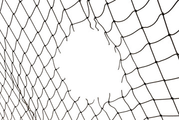 Football or tennis net. Torn rope mesh with holes on a white background close-up.