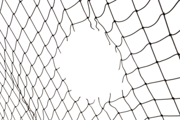 Football or tennis net. Torn rope mesh with holes on a white background close-up.