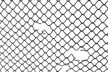 The texture of the metal mesh. Torn, destroyed, broken metal mesh on a white background