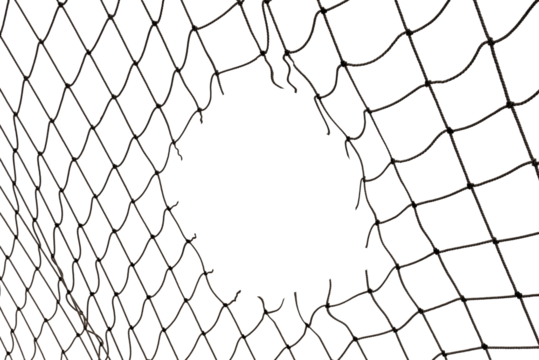 Football or tennis net. Torn rope mesh with holes on a white background close-up.