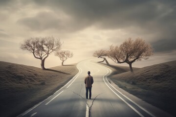 Person on the Winding Road to Success Amidst Blurred Nature Background