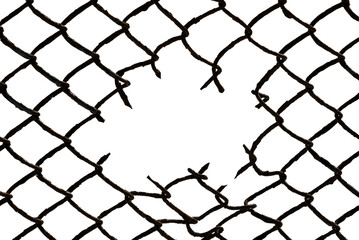 Fototapeta premium The texture of the metal mesh. Torn, destroyed, broken metal mesh on a white background