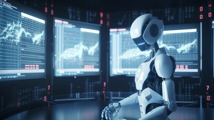 Robot trading and machine learning concepts visualized for a futuristic automation and AI-driven financial landscape. Imagined by AI.