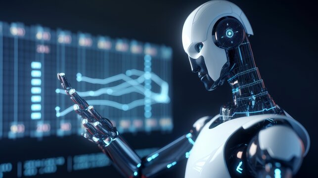 Robot trading and machine learning concepts visualized for a futuristic automation and AI-driven financial landscape. Imagined by AI.