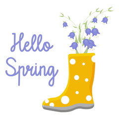 a bouquet of bluebells in yellow rubber boots. Hello spring. Gardening. vector illustration