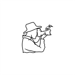 line art of a wildlife photographer with a bird perched on the edge of the lens