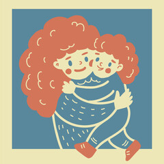 Mom holds her babies in her arms. Vector illustration in retro style.