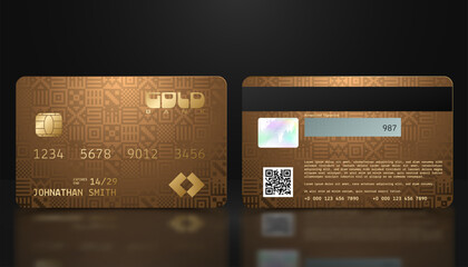 Vector realistic gold credit card with abstract folk geometric background. Golden credit card luxury design template. Bank presentation with hologram, qr-code and magnetic strip. Aztec pattern