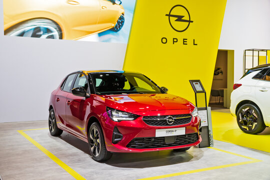 New Opel (Vauxhall) Corsa-e electric hatchback car showcased at the Brussels Autosalon European Motor Show. Brussels, Belgium - January 13, 2023.