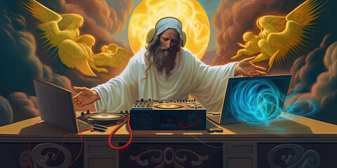 What if God is a DJ? God as the dj mixing music. Generative AI - obrazy, fototapety, plakaty