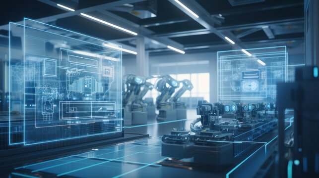 IoT software streamlining robot operations in factories, showcased in a digitally generated 3D rendering. Revolutionizing industrial automation. Crafted by AI.