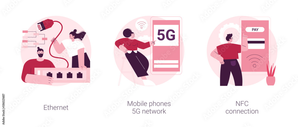 Poster network infrastructure abstract concept vector illustration set. ethernet technology, mobile phones 