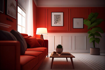 Modern home interior view in warm red.Sunny day.Created with generative ai