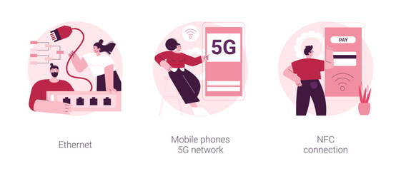 Network infrastructure abstract concept vector illustration set. Ethernet technology, mobile phones 5G network, NFC connection, contactless card payment, fast internet coverage abstract metaphor.