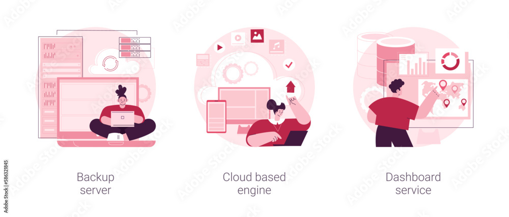 Poster information management abstract concept vector illustration set. backup server, cloud based engine, 
