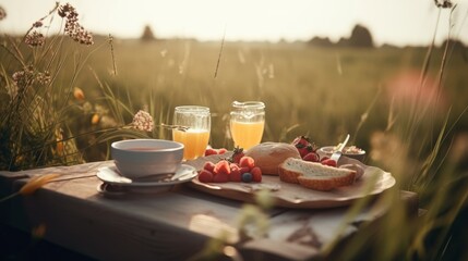 Idyllic breakfast on the grass with a meadow backdrop, capturing the essence of a romantic dinner, weekend getaway, and outdoor leisure. Imagined by AI.