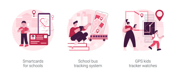 Technology for kids abstract concept vector illustration set. Smartcards for schools, school bus tracking system, GPS location kids tracker watches, student profile, child security abstract metaphor.