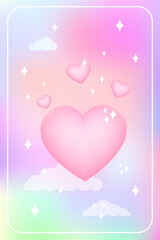Y2k heart blurred gragient card. Happy Valentine s Day holographic vector poster background with cloud and hearts geometric shape in trendy 90s, 00s psychedelic style. Rainbow holo vibrant and pink