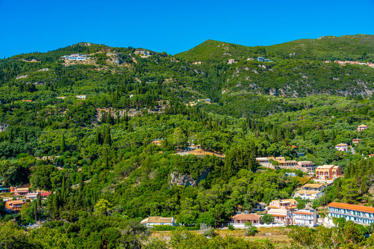 Mountains overlooking Greek resort town Palaiokastritsa at Corfu island