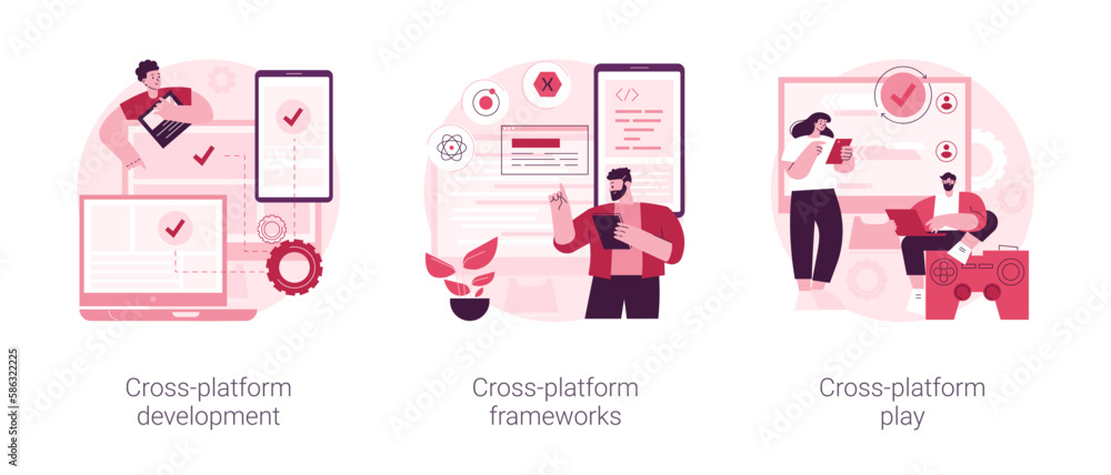 Poster cross-platform software abstract concept vector illustration set. cross-platform development framewo