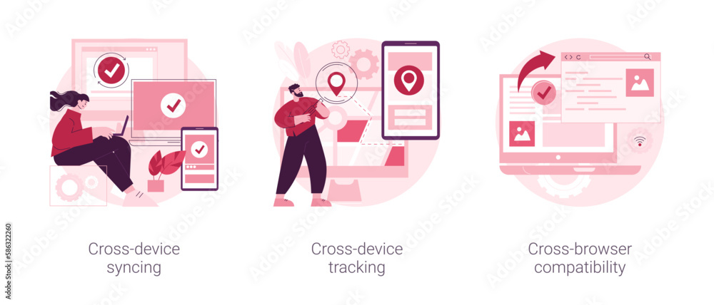 Poster multi-device compatibility abstract concept vector illustration set. cross-device syncing and tracki