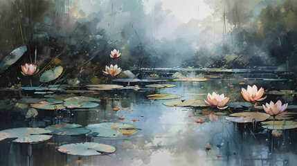 Watercolor drawing on water plants in a water pond with abundant vegetation Generative AI