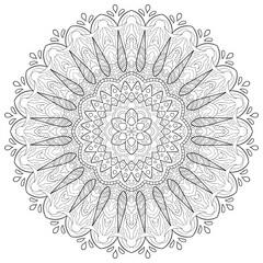Circular outline symmetric mandala with details. Perfect for coloring and illustrations.