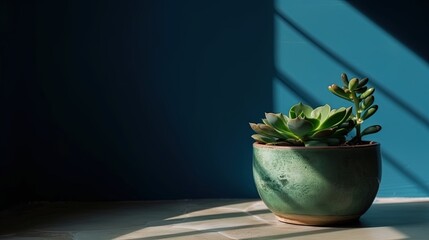 Small plant in a pot in a dark blue room Generative AI