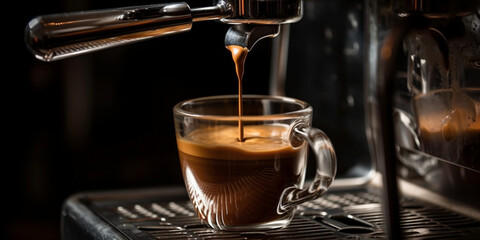 Close-up of espresso pouring from coffee machine. The process of making coffee. Strong morning coffee at the cafe. AI Generative