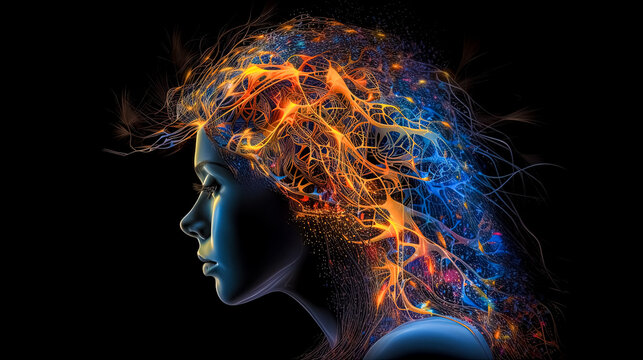 Enlightened neurons in the brain glowing in blue, orange, and yellow. generative art