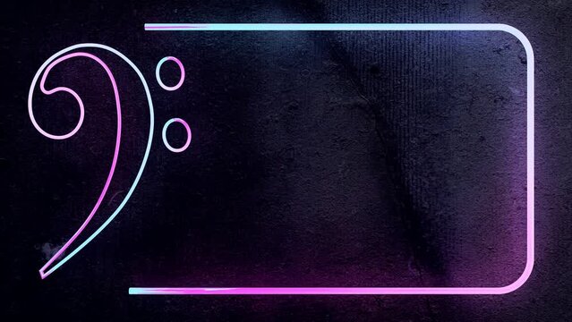 Signo de nota musical de ne&oacute;n. Dise&ntilde;o de fiesta y entretenimiento. Clave de fa. Se&ntilde;al de ne&oacute;n que brilla intensamente en la noche, pancarta luminosa.