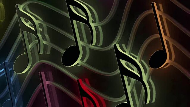 Dise&ntilde;o de fondo musical. Escritura musical. Ilustraci&oacute;n 3d de notas musicales y signos musicales de partituras abstractas. Canciones y concepto de melod&iacute;a.