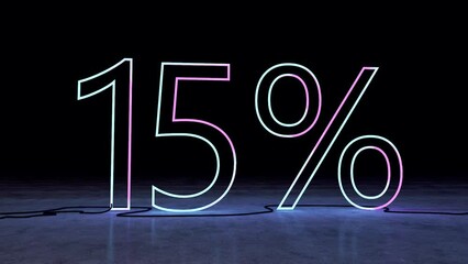 Venta de promoción de descuento hecha de números de neón. Número 15% en forma de líneas luminosas y brillantes. Plantilla para productos, publicidad, banners web.