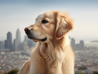 Golden retriever in front of a cityscape view": The dog posing in front of a cityscape view, such as a panoramic view from a high-rise hill