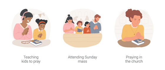 Christian rituals isolated cartoon vector illustration set. Religious mother teaching her daughter to pray, family attending Sunday mass, young woman praying in the church alone vector cartoon.