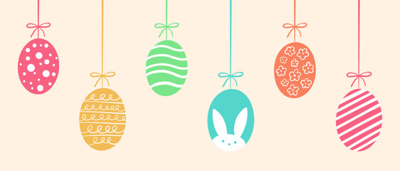 Colourful set of easter eggs with patterns, bunnies and flowers. Vector illustration.