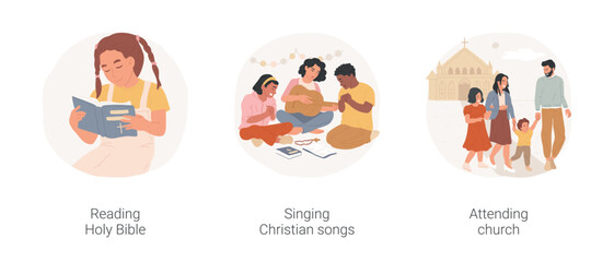 Christian education isolated cartoon vector illustration set. Christian girl reading Holy Bible alone, group of diverse teenagers singing religious songs, kids attending church vector cartoon. - 586322899