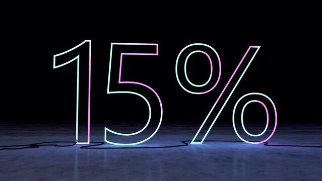 Venta de promoci&oacute;n de descuento hecha de n&uacute;meros de ne&oacute;n. N&uacute;mero 15% en forma de l&iacute;neas luminosas y brillantes. Plantilla para productos, publicidad, banners web.