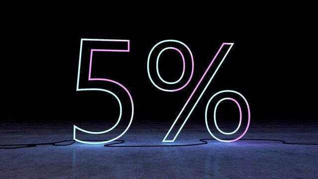 Venta de promoci&oacute;n de descuento hecha de n&uacute;meros de ne&oacute;n. N&uacute;mero 5% en forma de l&iacute;neas luminosas y brillantes. Plantilla para productos, publicidad, banners web.