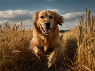 Golden retriever running through a field, The dog running through a golden field of tall grass or wheat, with a blue sky and trees in the background. 