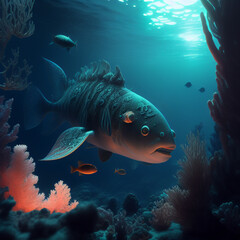 Explore the mysterious deep sea with surreal images of underwater creatures, bioluminescence and detailed textures. Inspired by abyssal zones, ocean trenches and hydrothermal vents. Generative AI