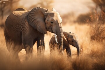 Fototapeta na wymiar an adult elephant and a baby elephant walking through tall grass. generative ai