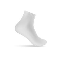 White ankle length sock realistic mockup. Ribbed sport sock 3d illustration, isolated on white background.