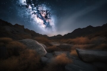 Obraz na płótnie Canvas a view of the night sky from a rocky area with rocks and grass. generative ai