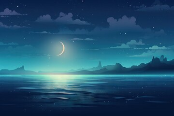 Fototapeta na wymiar a night scene with the moon and stars above the water. generative ai
